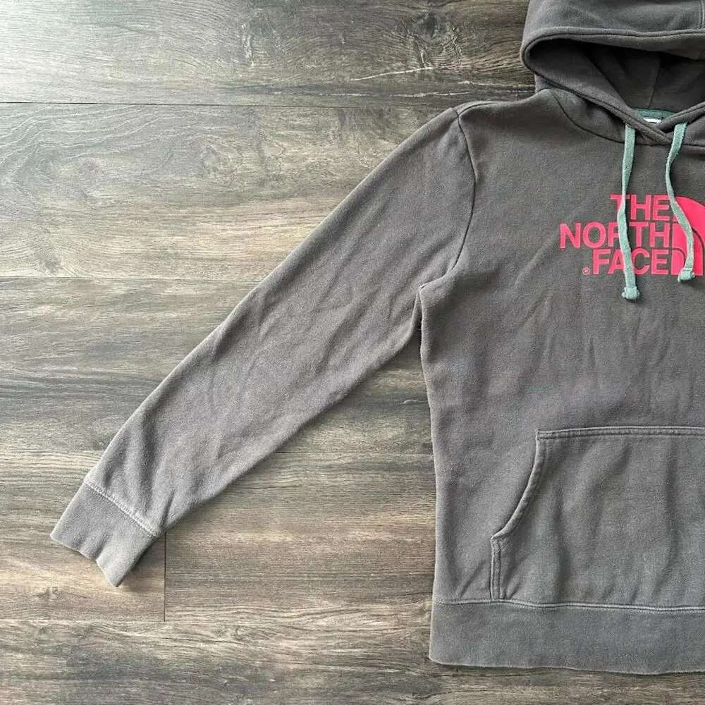 The North Face Classic Gray Hoodie Pink Logo Pullover Sweatshirt Women's Medium - Picture 2 of 7